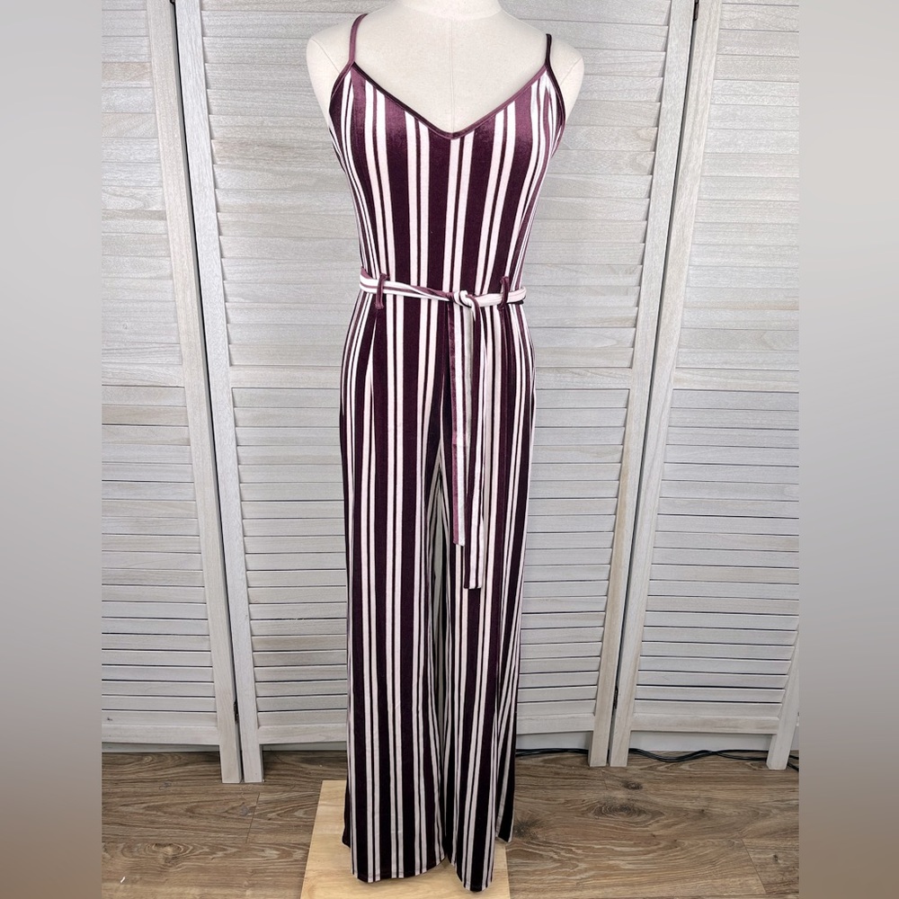 FOREVER 21 Velour Wide Leg Jumpsuit Burgundy/White Stripes-Medium
